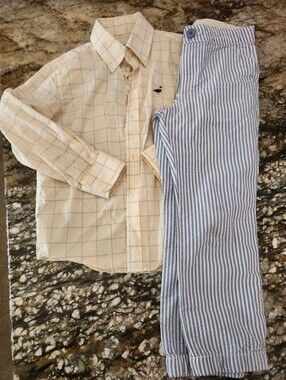 Boys Cream Plaid Shirt & Blue Stripe Pants Matching Set